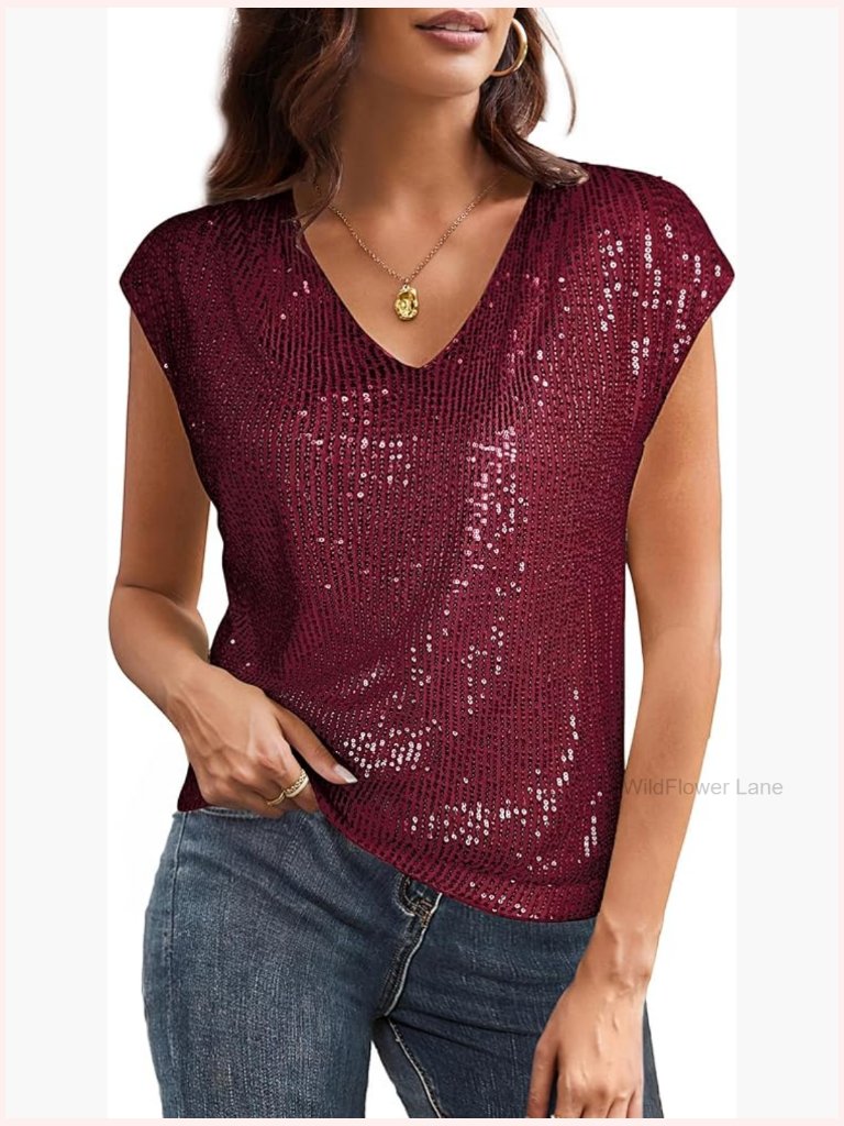 V Neck Sequin Short Sleeve Sparkly Tank Top For Party
